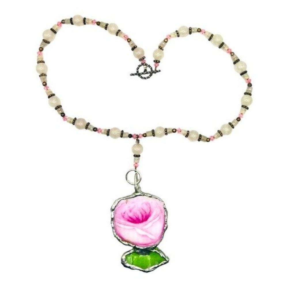 Broken China and Sea Glass Artisan Pendant and Rose Quartz Vintage Necklace
